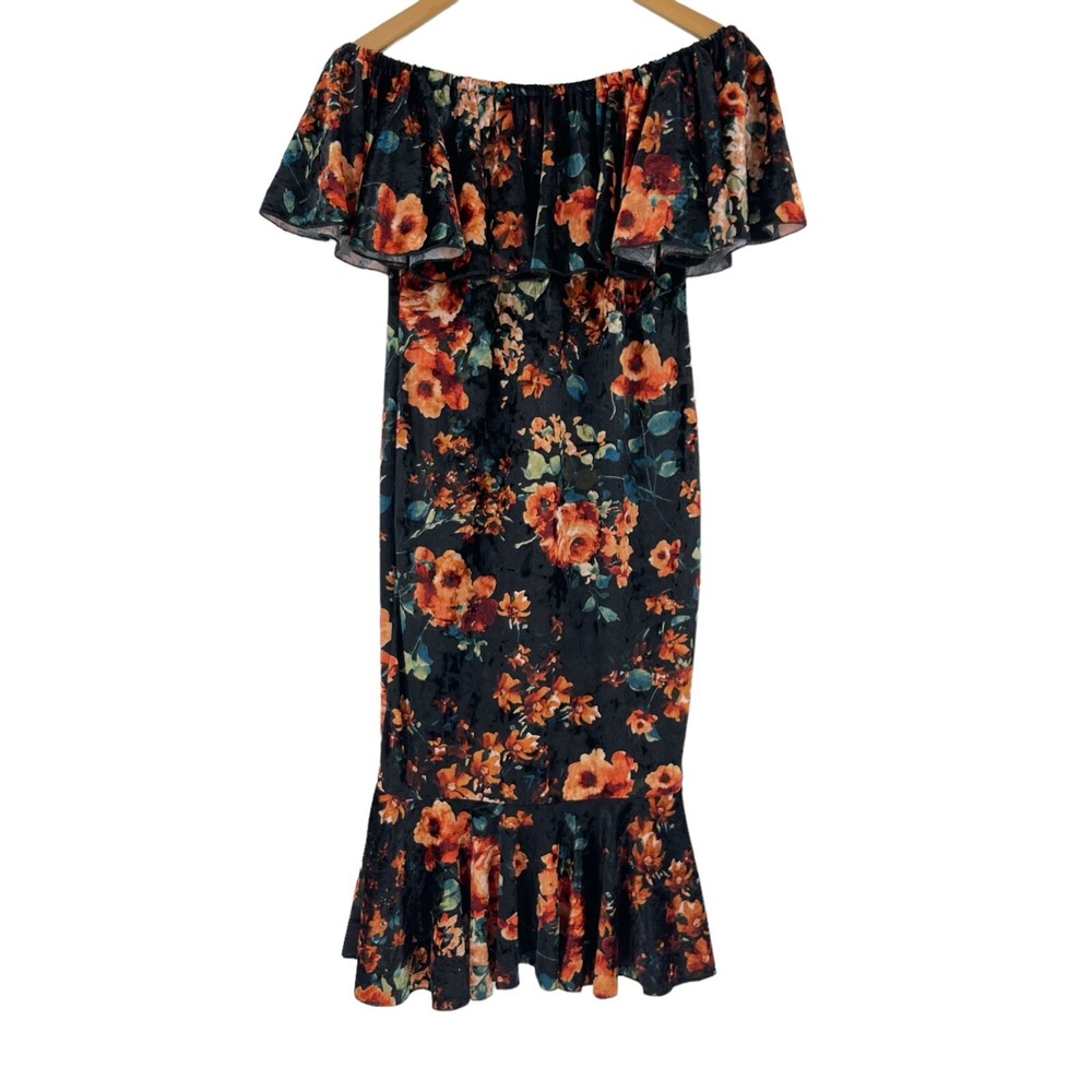 Lularoe Cici Flounce Off Shoulder Black Floral Velvet Dress Womens Size XXS